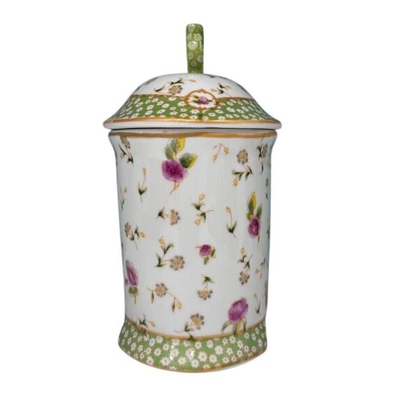 Porcelain Vanity Storage Canister 8"x 6.5" Multi Floral Victorian Romantic Style - Picture 6 of 9